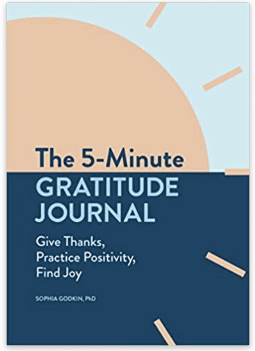 The 5-Minute Gratitude Journal - Dark blue, light blue cover with a peach colored sun 